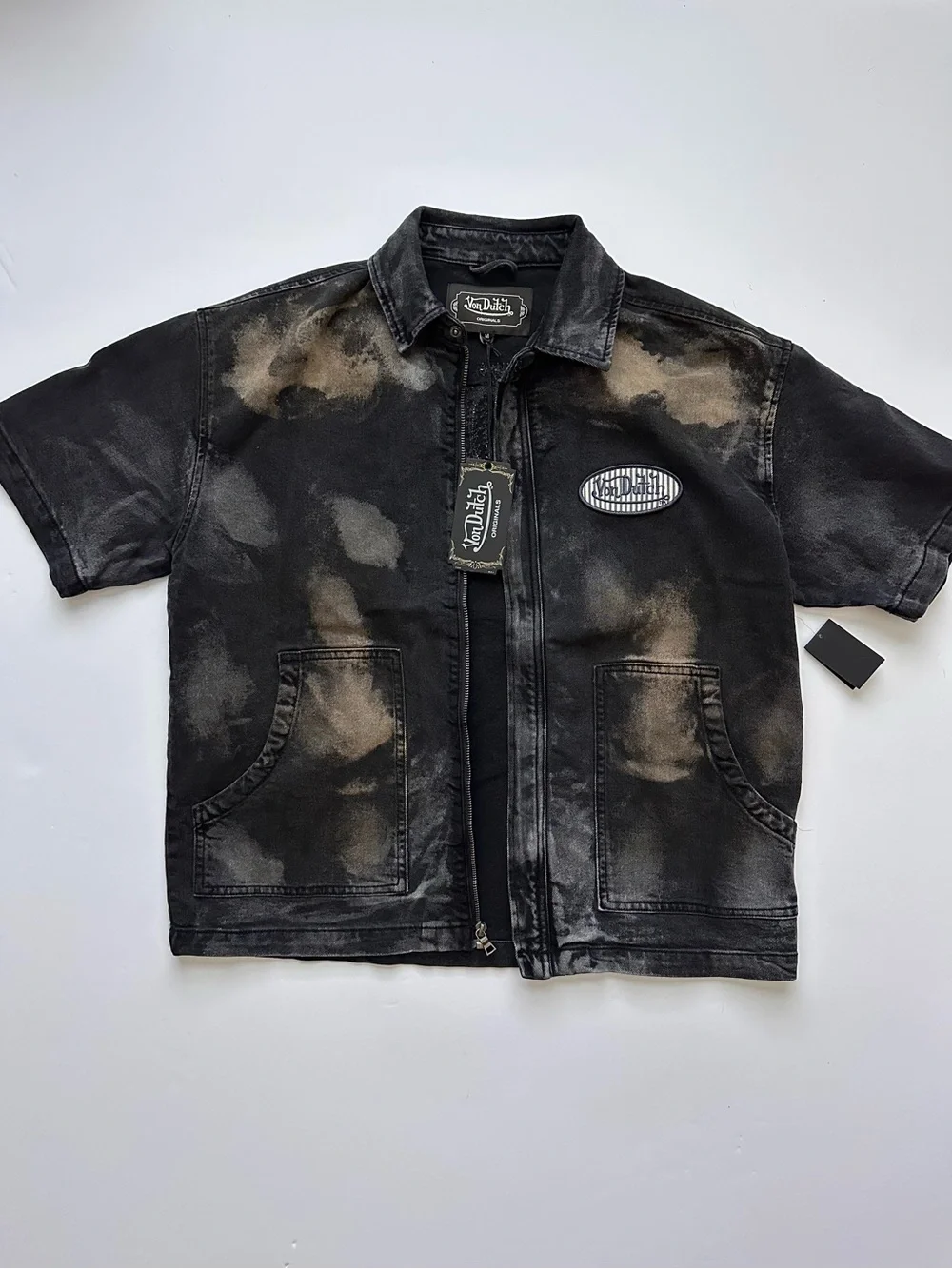 Von Dutch Black and Beige Bleached Short Sleeve Zip Jacket